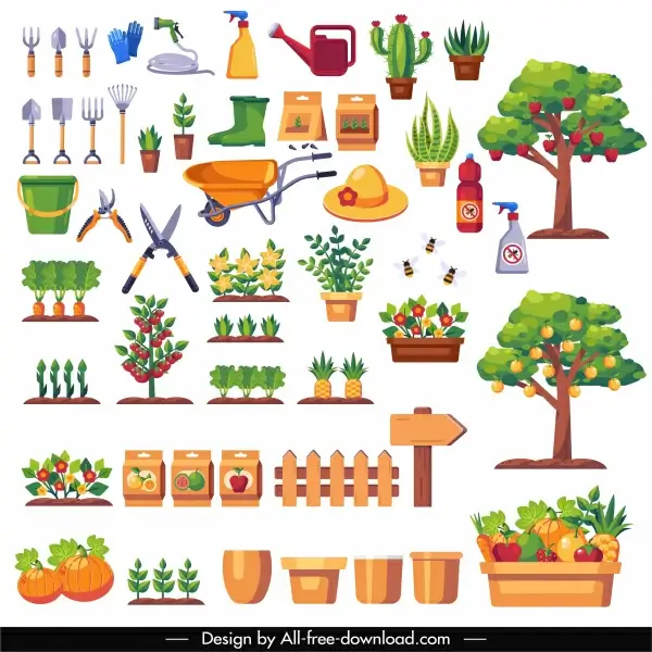 garden work design elements colorful products tools sketch