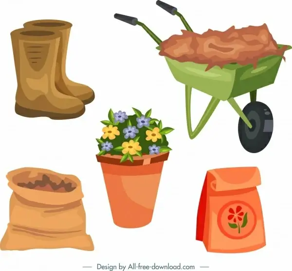 gardening design elements flower pot tools icons