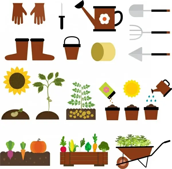 gardening icons isolation with various tools and vegetables