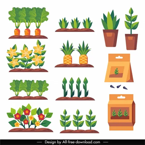 gardening products icons colored flat symbols sketch