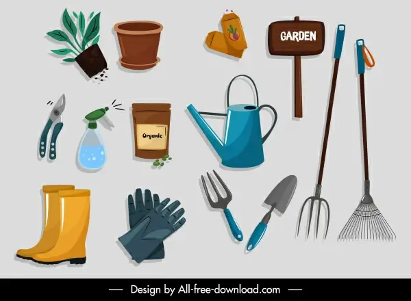 gardening tools icons colored flat design