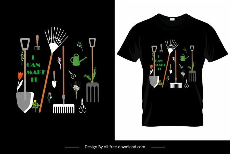 gardening tshirt template dark design equipment tools sketch 