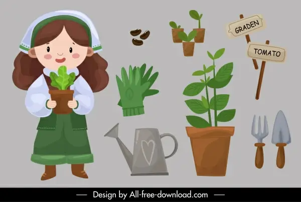 gardening work design elements girl planting tools sketch