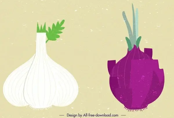 garlic onion vegetables icons colored flat retro design