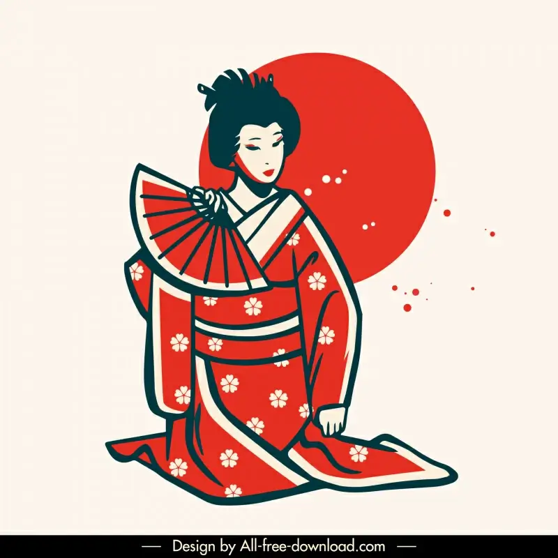 geisha icon flat handdrawn retro cartoon sketch 
