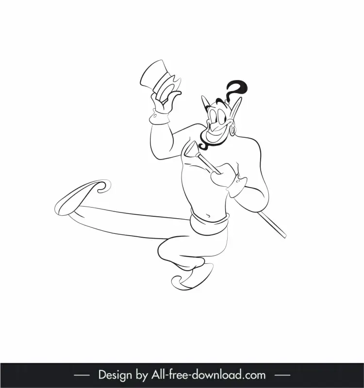 genie aladdin cartoon character icon black white handdrawn outline