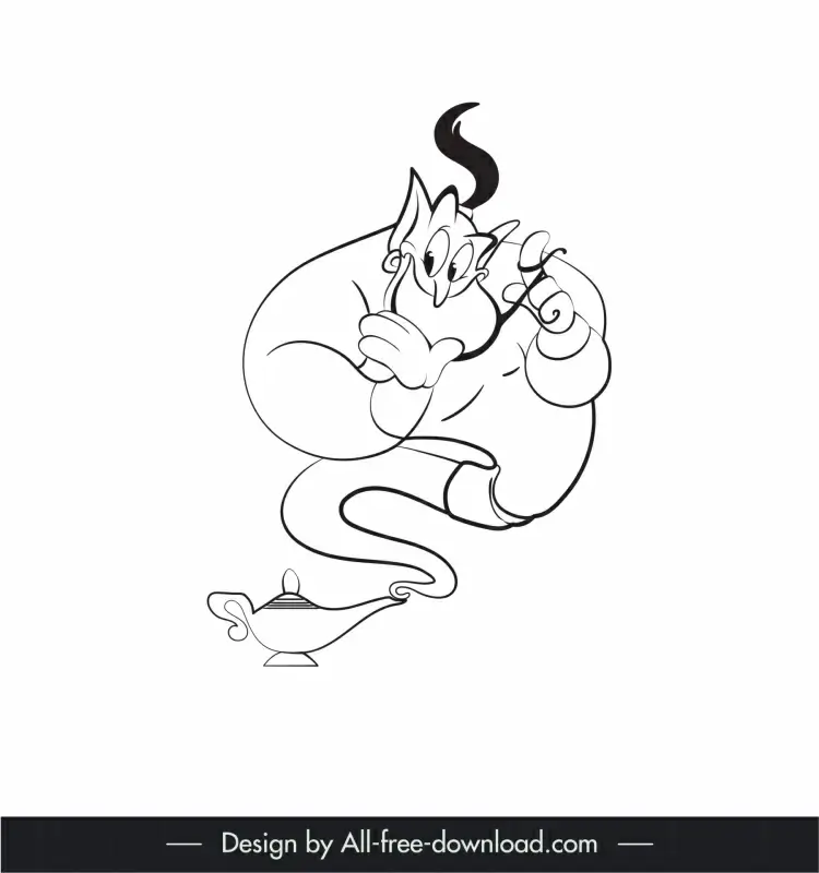 genie aladdin cartoon character icon dynamic black white handdrawn outline 