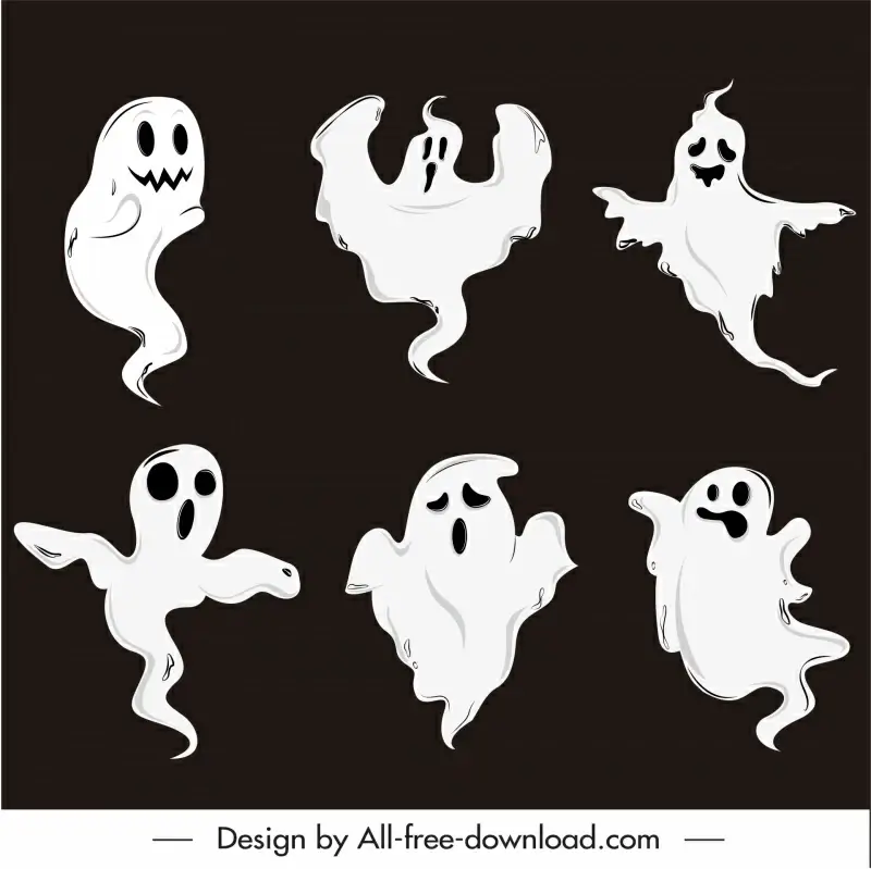 ghosts halloween icons dynamic black white handdrawn outline 