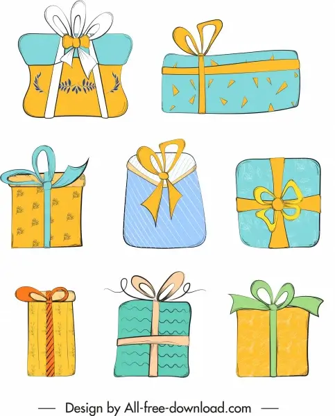 gift box icons multicolored flat classic handdrawn sketch