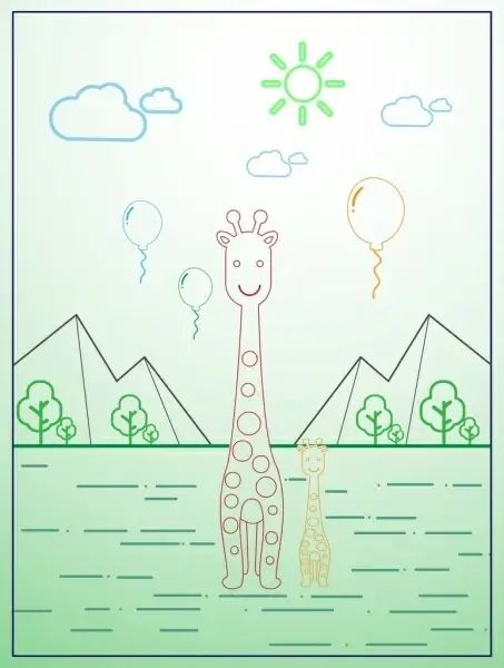 giraffe icons outline nature scenery design