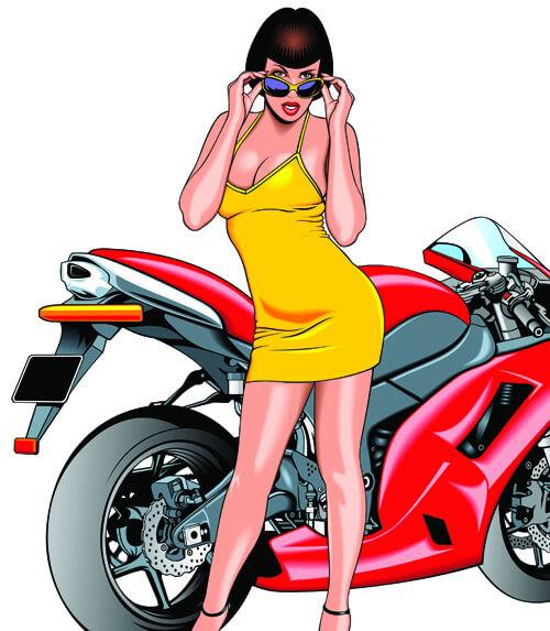 girl and motorbike vector illustration set