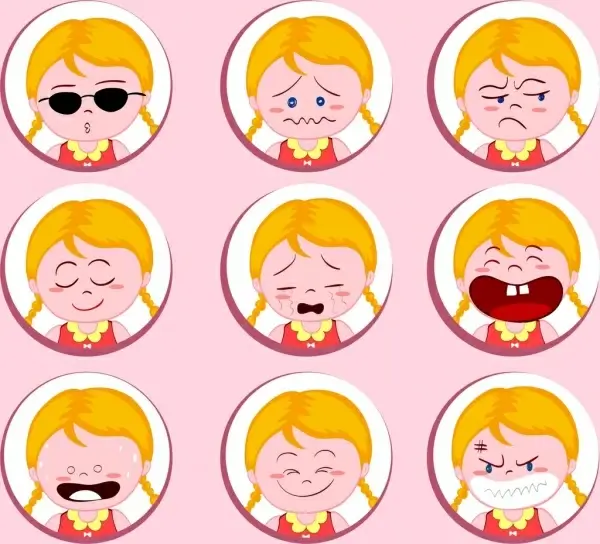 girl emotional icons collection cute colored cartoon design