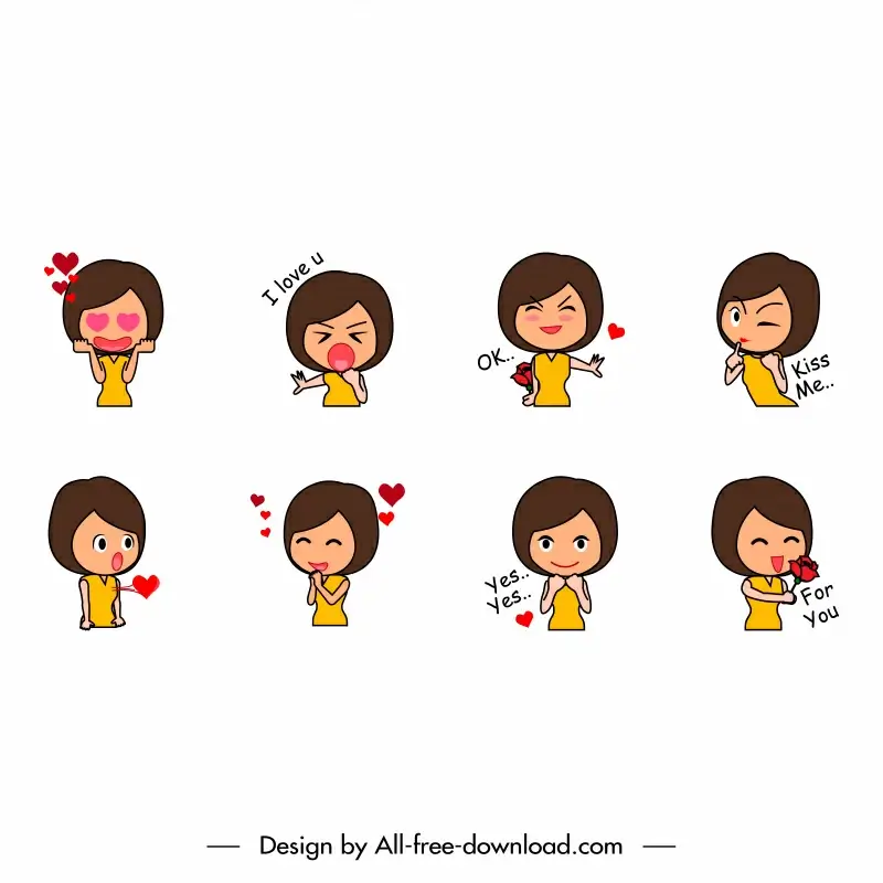 girl expression stickers sets cute cartoon outline 