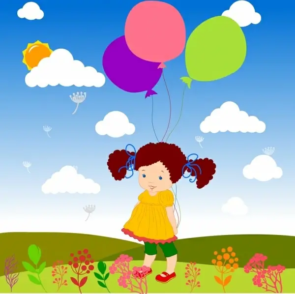 girls balloons background colorful cartoon drawing
