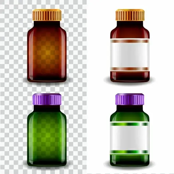glass bottle icons shiny transparent colored realistic design