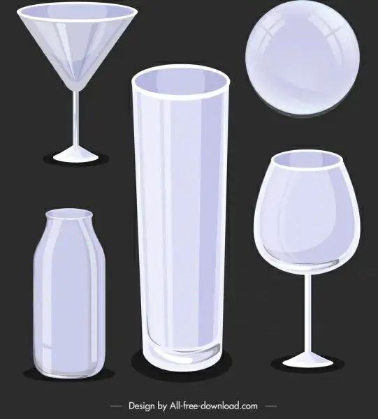 glassware utensils icons blank 3d sketch