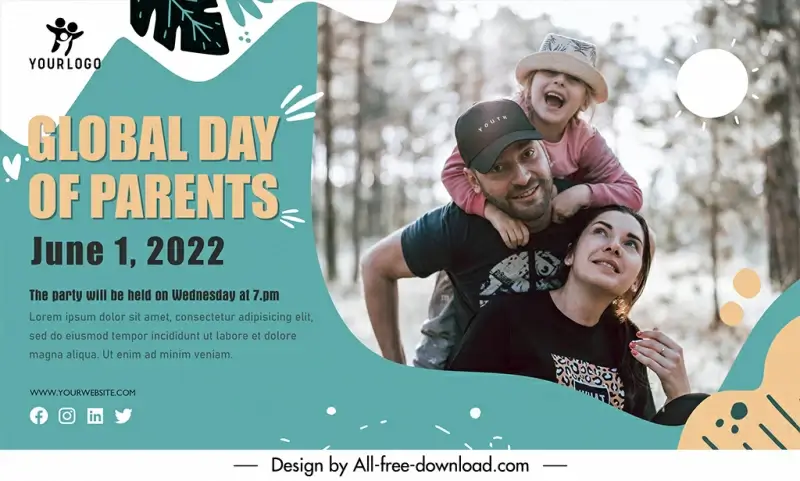 global day of parents party banner template realistic dynamic happy family sketch