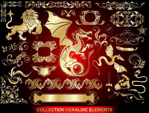 gold heraldic label and ornaments design elements vector