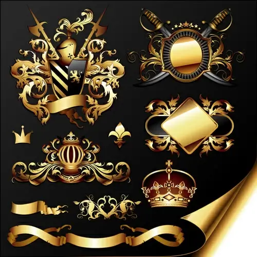 golden heraldic and decor elements vector
