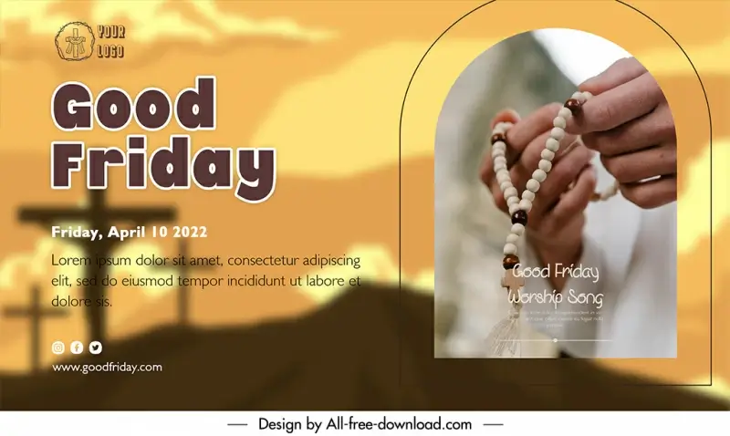  good friday banner template hand holding rosary closeup blurred silhouette design