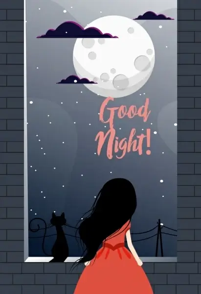 good night banner round moon little girl icons
