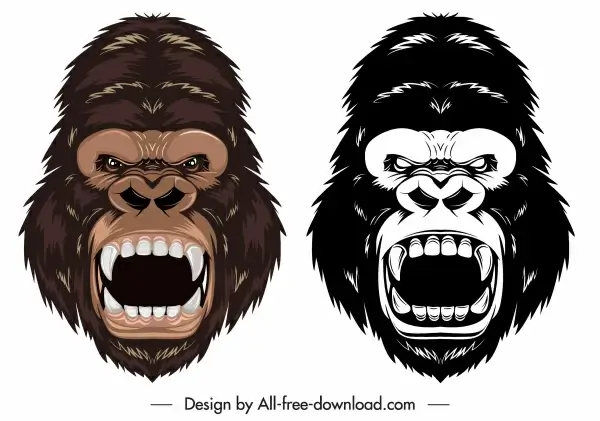 gorilla head icons colored black white aggressive sketch