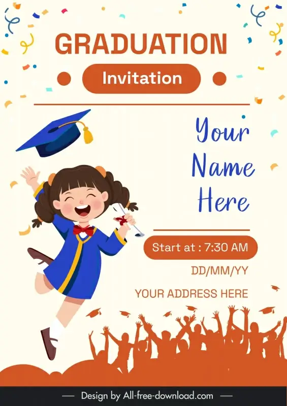graduation invitation card template cute dynamic excited girl 