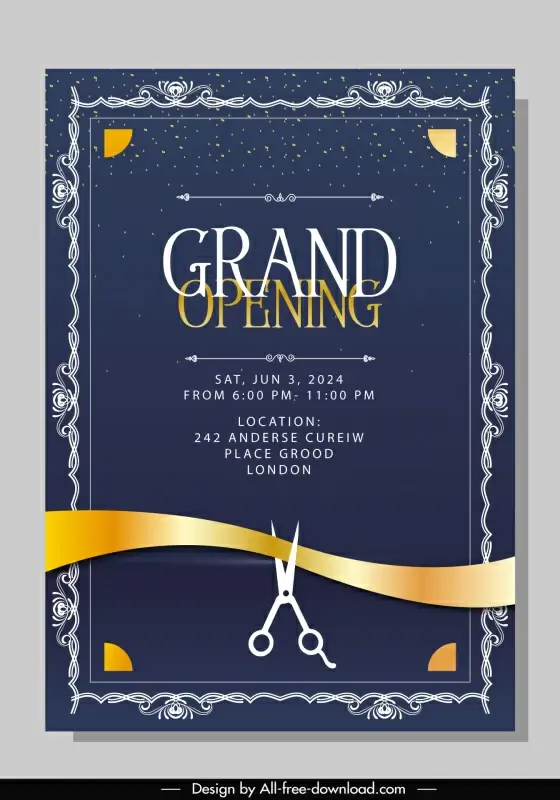 grand opening invitation card template elegant contrast scissors ribbon frame