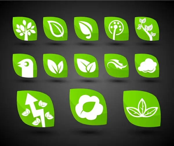 green bio icons collection with leaf shapes design