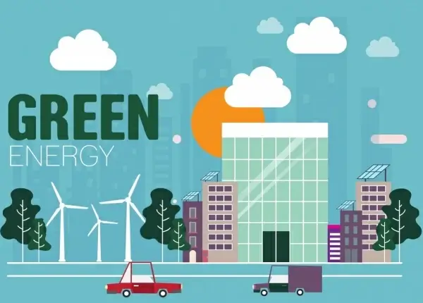 green energy banner buildings windmills icons decoration