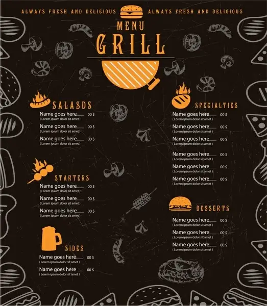grill menu design with cuisines on dark background