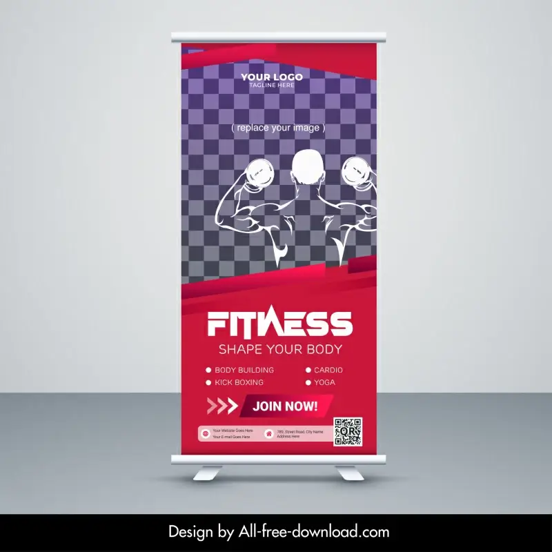 gym fitness banner template silhouette checkered standee