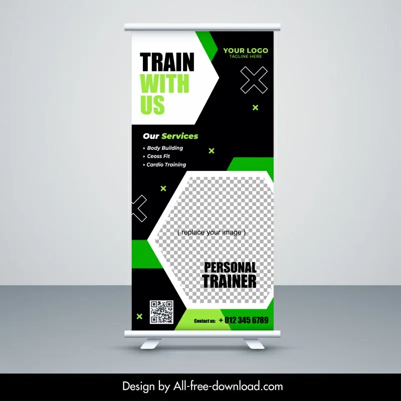 gym fitness sports  banner template geometric roll up 