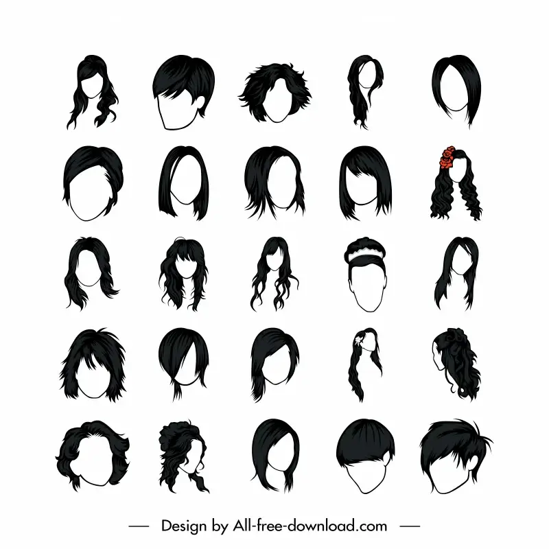 hair icon sets collection black white handdrawn outline 