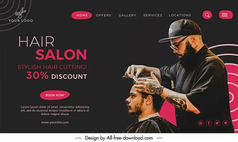 hair salon discount landing page template realistic dark