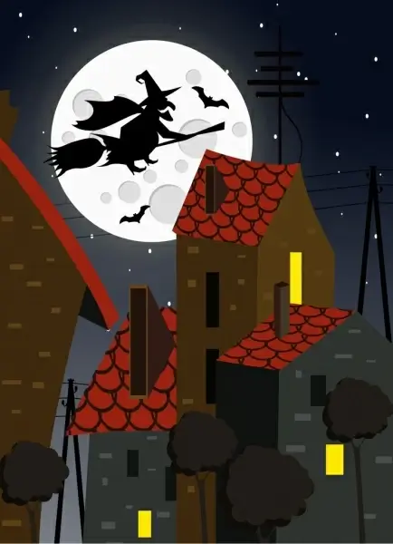 halloween background wizard bats moonlights icons silhouette decor