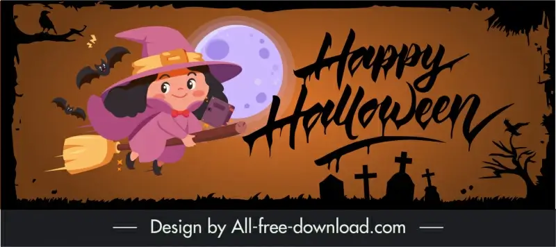 halloween banner template horror elements cute witch girl flying with broom sketch cartoon design 
