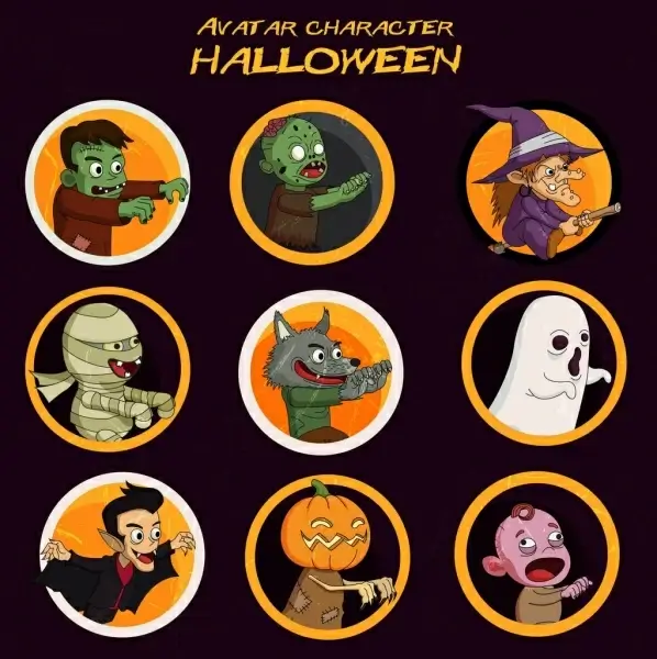 halloween characters avatars colored cartoon circle isolation
