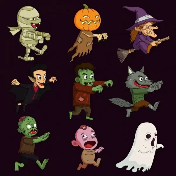 halloween characters icons funny cartoon design