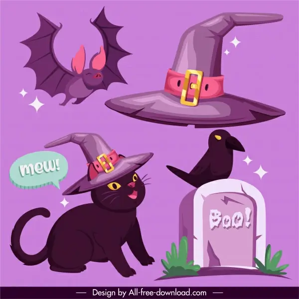 halloween design elements cat bat tomb wizard elements