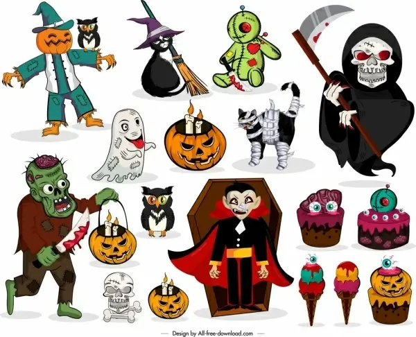 halloween design elements colored horror characters icons