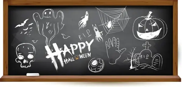 halloween hand drawing doodles on black chalkboard