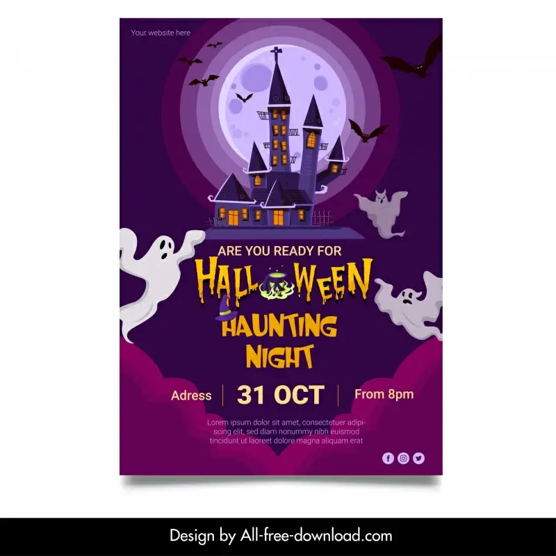halloween haunting night poster template horrible ghosts haunted house bats moonlight sketch