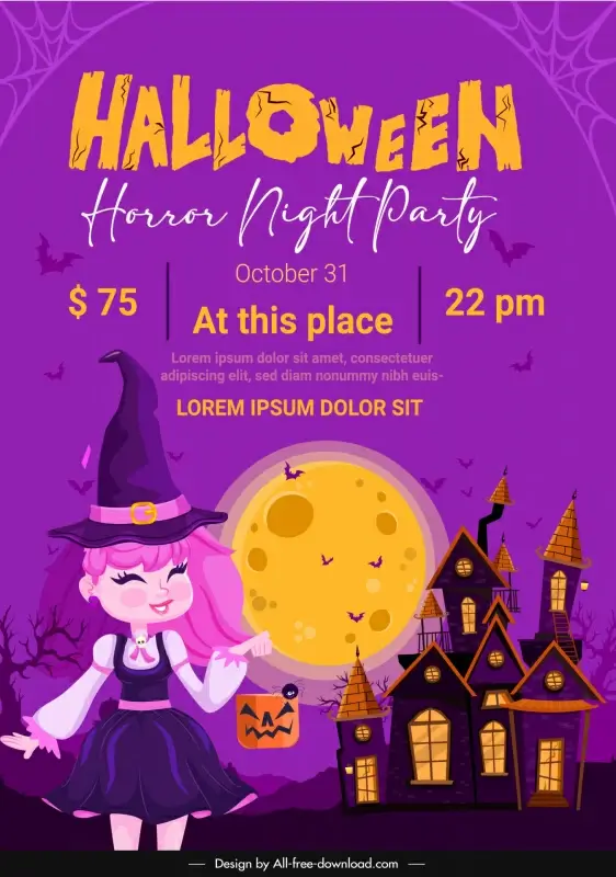 halloween horror night party poster template cute cartoon girl haunted house moonlight sketch 