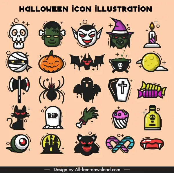 halloween icons collection colored horror emblems sketch
