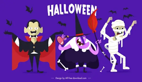 halloween icons elements dracula witch mummy bats sketch