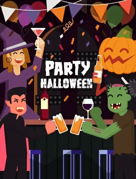 halloween party banner horror characters icons