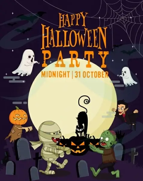 halloween party banner scary characters moonlight tombs icons
