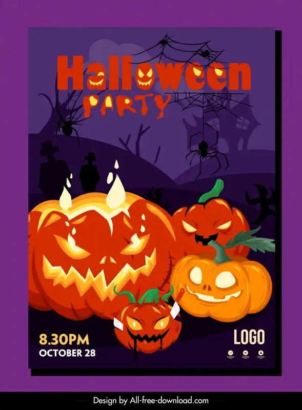 halloween party poster template horror deadly pumpkins spiders leafless tree haunted house decor