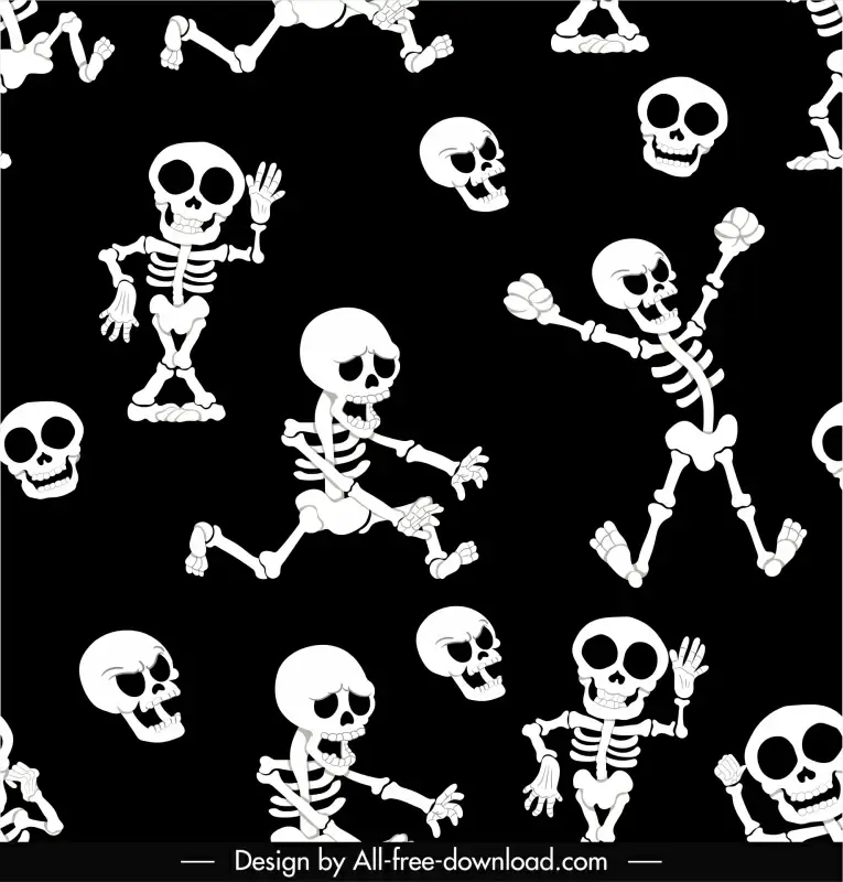  halloween  pattern template black white funny skeleton skulls sketch repeating design 